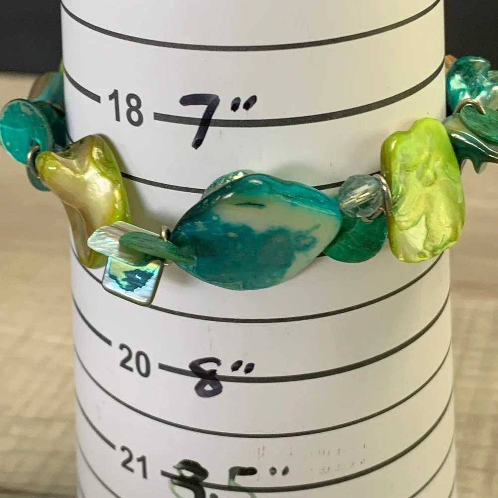 Teal Lime Green Iridescent Shell Shard Stretch Bracelet Coastal Artisan 4614